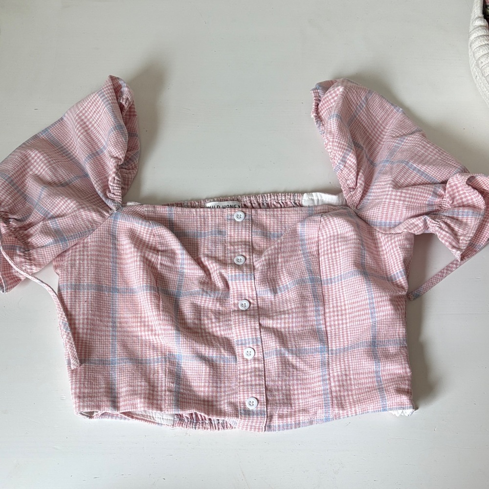 Pink Plaid puff sleeve crop top small